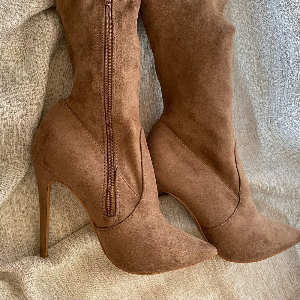 Thigh High Tan Brown Faux Suede Heel Boots
